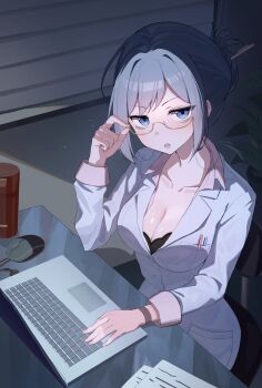 1girl bitseon blue_eyes borrowed_character breasts chair cleavage computer copyright_request glasses grey_hair highres laptop long_hair looking_at_viewer medium_breasts office office_lady on_chair sitting
