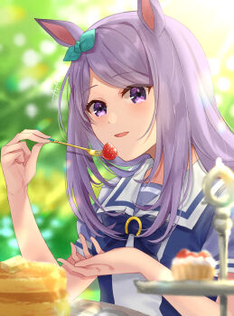 1girl animal_ears asaya-bigun blush bow bowtie commentary_request ear_bow ear_ribbon eating food fork fruit highres holding holding_fork horse_ears horse_girl horseshoe_ornament long_hair mejiro_mcqueen_(umamusume) pancake pancake_stack parted_bangs puffy_short_sleeves puffy_sleeves purple_bow purple_bowtie purple_eyes purple_hair purple_shirt sailor_collar sailor_shirt school_uniform shirt short_sleeves smile solo strawberry tiered_tray tracen_school_uniform umamusume upper_body