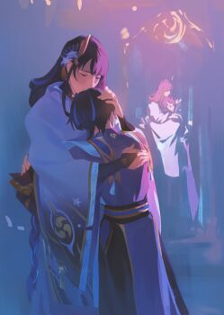 1boy 1girl absurdres aina_(mayexplode) alternate_costume black_hair blue_hair closed_eyes feet_out_of_frame flower from_behind genshin_impact gradient_background hair_flower hair_ornament hand_on_another&#039;s_back hand_on_another&#039;s_head height_difference highres japanese_clothes kimono long_hair long_sleeves mirror mother_and_son multicolored_hair no_lineart painterly purple_hair purple_shirt raiden_shogun reflection scaramouche_(genshin_impact) shirt short_hair sidelighting streaked_hair white_kimono wide_sleeves