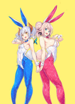 animal_ear_hairband animal_ears back-to-back blue_bow blue_bowtie blue_pantyhose bow bowtie breasts brown_hair character_request commentary_request copyright_request demon_horns detached_collar fake_animal_ears fang feet_out_of_frame fishnet_pantyhose fishnets grey_hair hair_bun hairband highres horns kiyama_satoshi large_breasts leotard long_hair pantyhose pink_hair playboy_bunny rabbit_ears rabbit_tail red_bow red_bowtie red_pantyhose side-tie_leotard skin_fang small_breasts standing strapless strapless_leotard tail twintails virtual_youtuber white_leotard wrist_cuffs yellow_background
