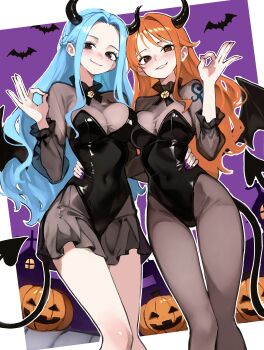2girls absurdres bat_(animal) black_leotard blue_hair blush breasts brown_eyes commentary_request demon_horns demon_tail demon_wings feet_out_of_frame frilled_skirt frilled_sleeves frills halloween halloween_costume hand_on_another&#039;s_waist highres horns kasumi_6 large_breasts leotard long_hair looking_at_viewer miniskirt multiple_girls nail_polish nami_(one_piece) nefertari_vivi ok_sign one_piece orange_hair pantyhose parted_bangs parted_lips pumpkin purple_nails see-through_clothes see-through_shirt shirt shoulder_tattoo single_sidelock skirt smile strapless strapless_leotard tail tattoo wavy_hair wings