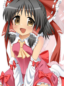 1girl :d absurdres ascot black_hair blush bow breasts commentary_request cookie_(touhou) cowboy_shot detached_sleeves dress frilled_bow frilled_hair_tubes frills gyaku_(kuriya) hair_bow hair_tubes hakurei_reimu half_updo highres looking_at_viewer magical_girl medium_breasts medium_hair open_mouth pink_background pink_dress red_bow ribbon-trimmed_sleeves ribbon_trim sananana_(cookie) sidelocks sleeve_bow smile solo touhou white_sleeves yellow_ascot yellow_eyes