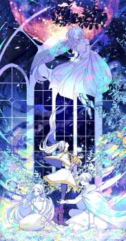 Rule 34 | 1girl, 2girls, 3kuma, black pantyhose, boots, braid, breasts, brown boots, capelet, cloak, closed mouth, commentary request, dress, earrings, elf, flamme (sousou no frieren), floating, frieren, full body, gladiator sandals, gold trim, highres, himmel (sousou no frieren), holding, holding staff, jacket, jewelry, kneeling, light smile, long dress, long hair, looking at another, medium breasts, mole, mole under eye, multiple girls, open-toe shoes, outstretched hand, pants, pantyhose, parted bangs, pointy ears, sandals, shirt, short hair, single braid, skirt, sleeveless, sleeveless dress, small breasts, sousou no frieren, staff, striped clothes, striped shirt, thick eyebrows, twintails, white capelet, white hair, white jacket, white pants, white skirt