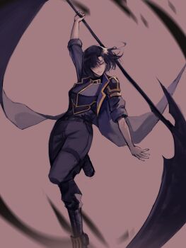 Rule 34 | 1girl, absurdres, belt, black hair, black jacket, black shirt, bob cut, breasts, commentary, english commentary, fighting stance, floating hair, full body, gold trim, green eyes, hair over one eye, hand up, head tilt, highres, holding, holding scythe, incoming attack, jacket, jet (shadow slave), logicsterrr, looking to the side, motion blur, outstretched arm, scythe, shadow slave, shirt, short hair, sleeves rolled up, smirk, solo, standing, standing on one leg