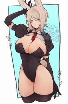 09wave_hb 1girl animal_ears between_breasts black_gloves black_shrug black_thighhighs black_vest blue_eyes breasts covered_erect_nipples cowboy_shot detached_collar elbow_gloves faust_(project_moon) gloves highleg highleg_leotard large_breasts leotard limbus_company necktie necktie_between_breasts project_moon rabbit_ears rabbit_tail red_necktie short_hair shrug_(clothing) skindentation solo tail thighhighs vest white_hair