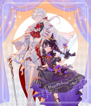 1boy 1girl absurdres ascot black_dress black_gloves black_hair black_hat cane dress dress_flower fairy fairy_wings flower flower_eyepatch gloves halloween_costume happy_halloween hat highres kanata_(camaieu_k) kirby_(series) kirby_64 long_hair nintendo pants personification purple_eyes purple_flower purple_rose red_flower red_rose ripple_star_queen rose signature smile vest white_flower white_gloves white_hair white_pants white_rose white_vest wings zero_two_(kirby)