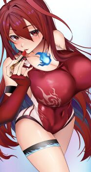 Rule 34 | 1girl, absurdres, ahoge, bare shoulders, black thighlet, blue fire, blue hair, breasts, cleavage, colored inner hair, commentary, elizabeth rose bloodflame, elizabeth rose bloodflame (holonatsu paradise), fingerless gloves, fingernails, fire, fire on chest, flower, gloves, highleg, highleg one-piece swimsuit, highres, hololive, hololive english, huge ahoge, large breasts, lifeguard, lipstick, long hair, looking at viewer, makeup, multicolored hair, na nu 017, nail polish, official alternate costume, one-piece swimsuit, open mouth, red eyes, red gloves, red hair, red lips, red nails, red one-piece swimsuit, rose, smile, solo, swimsuit, untranslatable commentary, two-tone hair, very long hair, virtual youtuber