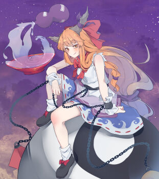 1girl alcohol bow brown_hair chain cup gourd hair_bow highres holding holding_gourd horn_bow horn_ornament horn_ribbon horns ibuki_suika kanaria_(bcomn) long_hair oni open_mouth ribbon sakazuki sake single_horn sleeveless smile solo touhou