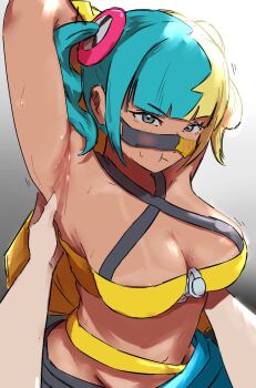 1girl armpits bb9g3vc7kp3721 blush breasts canari_(pokemon) cleavage commentary_request dark-skinned_female dark_skin grabbing_another's_armpit highres large_breasts mask mouth_mask multicolored_hair navel nintendo pokemon pokemon_legends:_z-a pout presenting_own_armpit sweat sweatdrop tan tanline