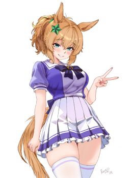 1girl animal_ears blue_eyes blush bow bowtie breasts brown_hair commentary english_commentary grin hair_between_eyes hair_ornament highres horse_ears horse_girl horse_tail large_breasts long_hair looking_at_viewer open_mouth pennylessmac pleated_skirt ponytail puffy_short_sleeves puffy_sleeves purple_bow purple_bowtie purple_shirt red_nails sailor_collar sailor_shirt school_uniform shirt short_sleeves simple_background skirt smile solo star_(symbol) star_hair_ornament taiki_shuttle_(umamusume) tail teeth thighhighs tracen_school_uniform umamusume v white_background white_sailor_collar white_skirt white_thighhighs