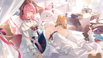 1girl absurdres aether_gazer artist_request black_skirt book bow closed_mouth copyright_name desk frilled_skirt frills hair_over_one_eye highres jewelry lamp long_sleeves loose_socks official_art on_bed pillow pink_eyes pink_hair pink_ribbon red_bow ribbon ring skirt skuld_(aether_gazer) socks stuffed_animal stuffed_rabbit stuffed_toy teddy_bear wooden_floor