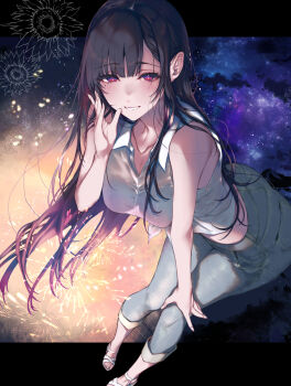 1girl ane_naru_mono bare_arms black_bra black_hair blue_pants blunt_bangs bra bra_visible_through_clothes breasts chiyo_(ane_naru_mono) cleavage collarbone commentary_request denim fireworks grin highres jeans leaning_forward looking_at_viewer medium_breasts milky_way mole mole_under_eye mountainous_horizon multicolored_hair night ocean pants pink_eyes pink_hair pochi_(pochi-goya) sandals shirt sidelocks sky smile solo star_(sky) starry_sky two-tone_hair underwear white_sandals white_shirt