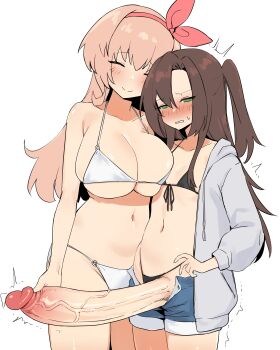 1futa 1girl absurdres bad_tag bare_arms bikini black_bikini blue_shorts blush breasts brown_hair cleavage closed_eyes closed_mouth compa covered_navel erection flat_chest futa_with_female futanari gigantic_penis green_eyes grey_jacket hairband helmet highres huge_penis if_(neptunia) imkay_3 jacket large_breasts long_hair long_sleeves neptune_(series) penis pink_hair red_hairband shorts simple_background smile stomach swimsuit uncensored veins veiny_penis white_background