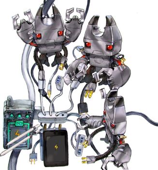 cable digimon digimon_(creature) kokuwamon lightning_bolt_symbol plug red_eyes simple_background white_background