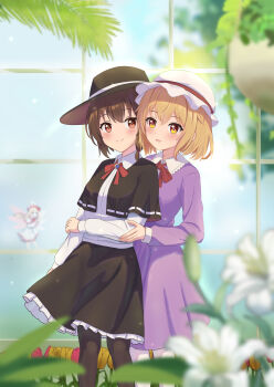 3girls :d absurdres arm_around_waist black_hat black_pantyhose black_skirt blonde_hair blue_eyes blurry blush bow bowtie brown_eyes brown_hair closed_mouth collared_dress collared_shirt commentary contrast_collar day depth_of_field dress fairy_wings flower flying frilled_shirt_collar frilled_skirt frills grass greenhouse hair_between_eyes hand_on_another&#039;s_arm hanging_plant hat hat_ribbon highres leaf lily_(flower) lily_white long_sleeves looking_at_another maribel_hearn medium_hair mob_cap multiple_girls open_mouth palm_leaf pantyhose pink_flower pink_tulip plant purple_dress red_bow red_bowtie red_ribbon ribbon shiro_(user_1048334293) shirt shirt_ribbon short_hair skirt sleeve_cuffs smile standing touhou tulip usami_renko vines white_dress white_flower white_hat white_lily white_shirt wings yellow_eyes yellow_flower yellow_tulip yuri