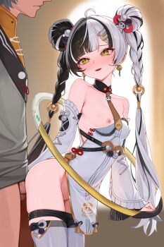 1boy 1girl absurdres bare_shoulders belt black_belt black_hair black_panties blush boyshort_panties braid braided_twintails breasts censored chakram china_dress chinese_clothes covered_erect_nipples detached_sleeves dialyn_(zenless_zone_zero) dress earrings frilled_sleeves frills from_side grey_jacket hair_extensions hair_ornament hank_(gogaek) heart hetero highres jacket jewelry korean_text long_hair looking_at_viewer looking_back mosaic_censoring multicolored_hair necktie nipples nose_blush one_breast_out open_clothes open_dress panda_hair_ornament panties panty_pull parted_lips pelvic_curtain penis ring_hair_extensions sex sex_from_behind side_slit small_breasts split-color_hair standing standing_sex star_(symbol) star_in_eye streaked_hair symbol_in_eye tassel textless_version thighhighs underwear very_long_hair weapon white_hair white_sleeves white_thighhighs wide_sleeves wise_(soaring_crane)_(zenless_zone_zero) wise_(zenless_zone_zero) yellow_eyes yellow_necktie zenless_zone_zero