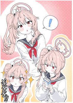 ! 1girl absurdres ahoge black_sailor_collar blue_archive blush collarbone commentary drink drinking halo highres holding holding_drink holding_milk_carton long_sleeves looking_at_viewer milk_carton multiple_views natsu_(blue_archive) neckerchief parted_lips pink_hair red_eyes red_neckerchief sailor_collar school_uniform shirt side_ponytail sidelocks sparkle sparkling_eyes spoken_exclamation_mark triangle_mouth white_shirt wujurana