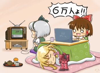 3girls blonde_hair bow brown_hair chibi closed_mouth commentary_request crt cup derby_stallion_iii food frilled_hair_tubes frills fruit full_body game_console grey_hair gundam hair_bow hair_tubes hakurei_reimu jun_sasaura kirisame_marisa konpaku_youmu kotatsu mandarin_orange mecha mobile_suit_gundam multiple_girls o_o open_mouth pink_bow playing_games red_bow robot short_hair sleeping smile super_famicom super_famicom_gamepad super_horse_racing table teapot touhou toy translated tray v-shaped_eyebrows yukkuri_shiteitte_ne yunomi zaku_ii_s_char_custom