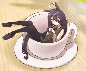 1girl ahoge animal_ears black_hair black_pantyhose black_shoes brown_sweater_vest coffee_mug cup dyed_ahoge echieichi full_body hair_between_eyes highres holding holding_cup horse_ears horse_girl horse_tail in_container in_cup loafers long_hair long_sleeves looking_at_viewer manhattan_cafe_(umamusume) mini_person minigirl mug pantyhose pleated_skirt shoes skirt solo sweater_vest tail umamusume yellow_eyes