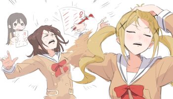 3girls absurdres adjusting_hair bang_dream! blonde_hair bow brown_hair brown_serafuku closed_eyes hair_slicked_back hanasakigawa_school_uniform hanazono_tae hand_in_own_hair hand_on_own_head hashtag-only_commentary highres holding holding_paper ichigaya_arisa long_hair meme multiple_girls naoya_hitting_choso_without_looking_(meme) paper red_bow sailor_collar scene_reference school_uniform serafuku test_score toyama_kasumi twintails white_sailor_collar yeeee_chen