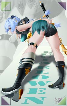 1girl absurdres animal_ears ass bare_shoulders black_boots black_shorts black_unitard blue_hair boots braid braided_twintails breasts commentary_request from_behind goat goat_ears goat_girl goat_horns goat_tail hair_ornament highres holding holding_weapon horizontal_pupils horns knee_strap long_hair looking_at_viewer lucia_elowen medallion pointy_ears shorts solo tail weapon yellow_eyes yuyuya_(dhgt8244) zenless_zone_zero