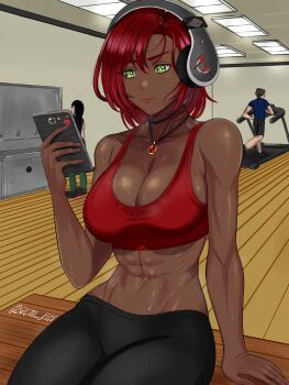 1girl 1other abs bench black_pants breasts ceiling ceiling_light cellphone cleavage dark-skinned_female dark_skin exercising exercise_machine fingernails green_eyes gym headphones highres holding holding_phone indoors jewelry large_breasts lights lips looking_at_phone muscular muscular_female original pants pendant phone red_hair red_nails red_sports_bra resting sacrokies short_hair signature sitting smartphone sports_bra stained_clothes sweat sweaty_clothes tan wooden_bench wooden_floor yoga_pants