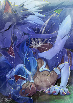 1boy 1girl ahegao ajula_wachula animal_ears animal_hands animal_penis big_hair blue_hair body_fur cat_ears cat_girl claws commentary_request commission cross-eyed cum cum_overflow darkstalkers fangs felicia_(darkstalkers) furry furry_male furry_with_non-furry highres interspecies jon_talbain knotted_penis open_mouth penis pinned prone_bone rape saliva sex sex_from_behind sharp_teeth skeb_commission teeth variant_set werewolf white_fur wolf_boy