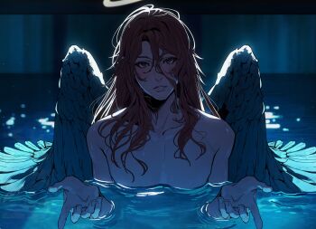 1boy absurdres androgynous angel_devil_(chainsaw_man) angel_wings arms_up bikoyaki chainsaw_man collarbone commentary english_commentary hair_between_eyes halo highres i&#039;ll_teach_you_everything_(chainsaw_man) lips long_hair male_focus nude parted_lips partially_submerged pectorals red_eyes scene_reference solo water wet wings