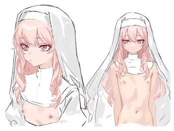 1other akiyama_mizuki androgynous closed_mouth cropped_torso expressionless hair_down highres long_hair multiple_views navel nipples nude nun other_focus partially_colored pink_eyes pink_hair project_sekai simple_background white_background zhan_jie_wang