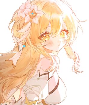Rule 34 | 1girl, absurdres, alternate hair length, alternate hairstyle, artist name, bare shoulders, blonde hair, bow, braid, breasts, buro moon, commentary, dated, detached sleeves, dress, earrings, flower, from side, genshin impact, hair between eyes, hair bow, hair flower, hair ornament, highres, jewelry, large breasts, long hair, looking at viewer, lumine (as heaven and earth are made anew) (genshin impact), lumine (genshin impact), official alternate costume, open mouth, simple background, single earring, solo, sparkling eyes, symbol-only commentary, upper body, very long hair, white background, white bow, white dress, white flower, yellow eyes