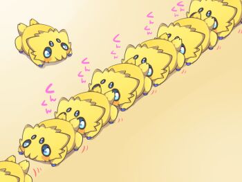 blue_eyes commentary_request creature gen_5_pokemon joltik motion_lines naoto_(yandereheaven) nintendo no_humans pokemon pokemon_(creature) queue simple_background walking