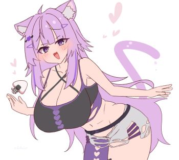 Rule 34 | 1girl, :d, ahoge, animal ear fluff, animal ears, asymmetrical legwear, blush, breasts, cat ears, cat girl, cat tail, cleavage, commentary request, eyes visible through hair, gabai, grey shorts, hair ornament, heart, highres, hololive, large breasts, leaning forward, long hair, looking at viewer, mismatched legwear, nekomata okayu, nekomata okayu (gyaru), official alternate costume, onigirya (nekomata okayu), open mouth, purple eyes, purple hair, shorts, single thighhigh, smile, solo, tail, thighhighs, torn clothes, very long hair, virtual youtuber, white background