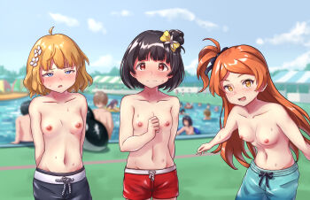 3girls aqua_male_swimwear aqua_swim_trunks black_hair black_male_swimwear black_swim_trunks blonde_hair blue_eyes blue_sky blurry blurry_background blush breasts cowboy_shot crossdressing crossdressing_(ftm) day drawstring embarrassed ggxfan happy highres idolmaster idolmaster_million_live! loli long_hair looking_at_viewer male_swimwear male_swimwear_challenge multiple_girls nakatani_iku nipples ogami_tamaki open_mouth orange_eyes orange_hair pool red_male_swimwear red_swim_trunks short_hair shy sky small_breasts source_request standing suou_momoko sweat swim_trunks swimsuit topless_female water yellow_eyes