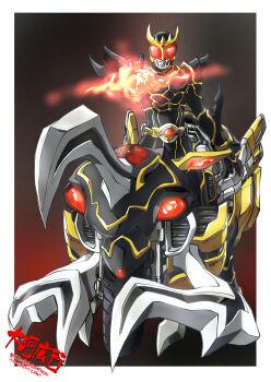 1boy arcle_(kuuga) armor bodysuit border commentary fire gouram helmet highres horns kamen_rider kamen_rider_kuuga kamen_rider_kuuga_(series) kamen_rider_kuuga_(ultimate_form) male_focus motor_vehicle motorcycle multiple_horns pyrokinesis red_eyes rider_belt signature solo spikes taiga_hiroyuki white_border