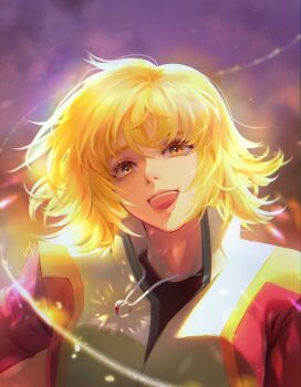 1girl black_shirt blonde_hair blurry blurry_background breasts brown_eyes cagalli_yula_athha commentary english_commentary gundam gundam_seed hair_between_eyes highres inhouhou jewelry looking_at_viewer medium_breasts military_uniform necklace open_mouth ring ring_necklace shirt short_hair sign smile solo upper_body