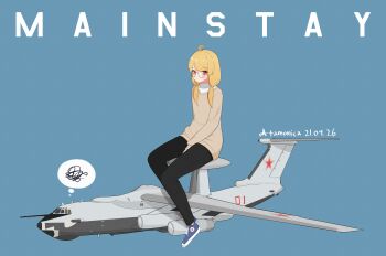 1girl airborne_early_warning_and_control aircraft artist_name atamonica beriev_a-50 blonde_hair blue_background blush brown_sweater closed_mouth dated expressionless full_body glasses highres jet_engine long_hair long_sleeves looking_at_viewer military military_vehicle original personification radar_dish red_eyes red_star rimless_eyewear simple_background sitting solo speech_bubble star_(symbol) sweater thought_bubble vehicle_and_personification vehicle_name