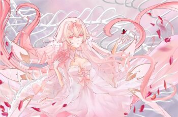 1girl arcaea bone bow breasts bug butterfly cleavage cowboy_shot detached_wings dress floating_hair flower hikari_(arcaea) hikari_(fatalis)_(arcaea) insect long_sleeves mechanical_wings medium_breasts pink_bow pink_eyes pink_flower pink_hair red_butterfly sidelocks slinkyxx solo thighhighs white_dress white_thighhighs wide_sleeves wings