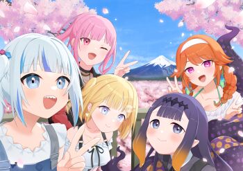 Rule 34 | 5girls, absurdres, aka tadaima, blonde hair, blue eyes, blue hair, braid, cherry blossoms, closed mouth, collarbone, commentary request, gawr gura, gawr gura (casual), highres, hololive, hololive english, holomyth, mori calliope, mori calliope (streetwear), mount fuji, multiple girls, ninomae ina'nis, ninomae ina'nis (casual), one eye closed, orange hair, pink eyes, pink hair, purple eyes, sharp teeth, sidelocks, smile, takanashi kiara, takanashi kiara (casual), teeth, tentacles, twin braids, v, virtual youtuber, watson amelia, watson amelia (street casual)