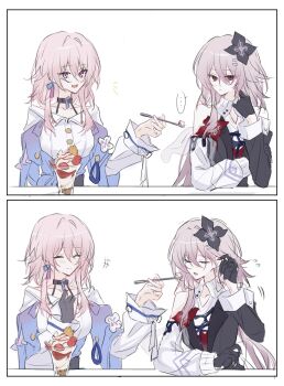 2girls ame_amean choker dual_persona evernight_(honkai:_star_rail) flower food gloves hair_between_eyes hair_flower hair_ornament hairclip highres honkai:_star_rail honkai_(series) long_hair march_7th_(honkai:_star_rail) march_7th_(preservation)_(honkai:_star_rail) medium_hair multicolored_eyes multiple_girls official_alternate_hairstyle parfait pink_hair red_eyes shirt single_bare_shoulder two-tone_eyes upper_body