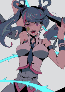 1girl absurdres alternate_form arm_behind_head arm_up armband bare_shoulders black_armband blue_angel_(yu-gi-oh!) blue_armband blue_bow blue_bowtie blue_dress blue_hair blue_nails blue_necktie blue_wings blue_wrist_cuffs bow bowtie breasts corset crazy crazy_eyes detached_wings dress dress_shirt facial_tattoo facing_viewer grey_background hair_ornament half-closed_eye hand_in_own_hair hand_up heart heart_ear_ornament heart_hair_ornament highres holding holding_whip large_breasts looking_at_viewer nail_polish necktie open_hand open_mouth pink_trim possessed possession purple_eyes shirt sleeveless sleeveless_shirt swinging_weapon tattoo teeth teketeke_(tasutekete) twintails white_corset white_shirt wings wrist_cuffs yu-gi-oh! yu-gi-oh!_vrains zaizen_aoi