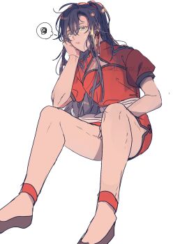 1boy ahoge alternate_costume amana_raika androgynous apron black_hair black_shoes china_dress chinese_clothes cleavage_cutout closed_mouth clothing_cutout crossdressing crossdressing_(mtf) dress earrings girly_boy grey_eyes hand_on_own_cheek hand_on_own_face head_rest highres jewelry long_hair looking_at_viewer male_focus modao_zushi open_mouth ponytail red_dress shoes short_dress short_sleeves sidelocks simple_background sitting solo spoken_squiggle spread_legs squiggle sweat tassel tassel_earrings twitter_username waist_apron watermark wei_wuxian white_apron white_background