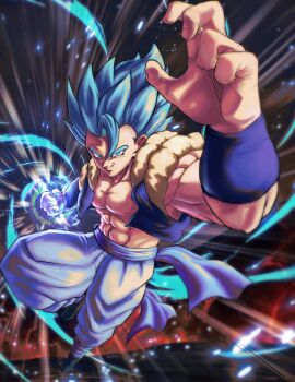 1boy abs aura bare_shoulders black_sash black_vest blue_eyes blue_hair blurry blurry_background cropped_vest dragon_ball dragon_ball_super dragon_ball_super_broly fighting_stance full_body gogeta highres male_focus medium_hair metamoran_vest motion_lines muscular muscular_male no_shirt open_clothes open_vest pants sash smirk solo speed_lines spiked_hair super_saiyan super_saiyan_blue sydoria vest white_background white_pants
