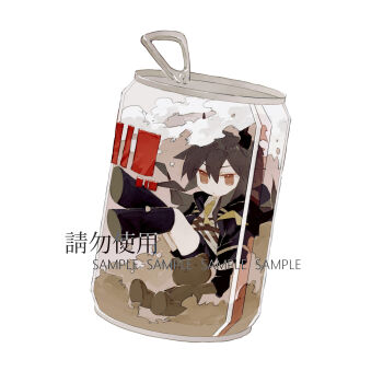 boots ch'en_(arknights) chibi container cup english_text highres horns in_container jacket long_hair monota02 open_clothes red_eyes shirt shorts sitting solo weapon white_background