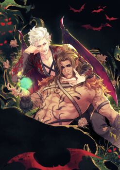 Rule 34 | 2boys, asahi (baiyameng), astarion, baldur's gate, baldur's gate 3, brown hair, dungeons & dragons, dungeons &amp; dragons, fingernails, halsin, highres, long fingernails, long hair, multiple boys, muscular, muscular male, orb, short hair, tattoo, vampire, white hair, yaoi