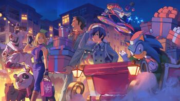 1girl 1other 4boys bag belt belt_buckle black_gloves black_hair black_ribbon blonde_hair blue_eyes blue_fur blue_hair blue_pants blue_shirt boots box brown_belt brown_boots buckle candy candy_cane capybara character_request christmas coat commentary copyright_request crossover english_commentary fingerless_gloves food furry furry_male gift gift_box gloves green_eyes grey_coat grey_eyes grey_jacket grey_pants hair_over_one_eye hat hedgehog_boy highres holding holding_bag holding_candy holding_candy_cane holding_food hoverboard jacket joe_musashi kiryu_kazuma long_hair long_sleeves mask mouth_mask multiple_boys multiple_crossover neck_ribbon night nights_(character) nights_into_dreams ninja ninja_mask official_art open_mouth outdoors panda pants parted_lips persona persona_3 pink_scarf pinstripe_jacket pinstripe_pants pinstripe_pattern ribbon ryuu_ga_gotoku_(series) ryuu_ga_gotoku_0 santa_hat sarah_bryant scarf school_bag second-party_source sega shinobi:_art_of_vengeance shinobi_(game) shirt shopping_bag short_hair shoulder_bag sleeveless sleeveless_shirt sleigh smile sonic_(series) sonic_racing:_crossworlds sonic_the_hedgehog sparkle striped_clothes striped_jacket striped_pants supsross thumbs_up turtleneck vertical-striped_clothes vertical-striped_jacket vertical-striped_pants virtua_fighter walking white_gloves yuuki_makoto_(persona_3)