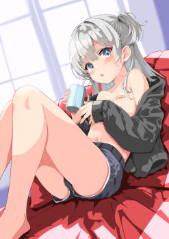1girl bandaid bandaids_on_nipples black_jacket blue_eyes blue_shorts breasts commentary_request cup green_eyes highres hogihogi3ta jacket long_hair looking_at_viewer lying on_back one_side_up open_clothes open_jacket original pasties petite short_shorts shorts small_breasts solo