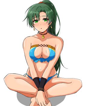 absurdres bikini blush breasts cleavage earrings fire_emblem fire_emblem:_the_blazing_blade fire_emblem_heroes green_eyes green_hair high_ponytail highres jewelry long_hair looking_at_viewer lyn_(fire_emblem) lyn_(lady_of_the_beach)_(fire_emblem) nintendo ponytail sitting swimsuit vankin