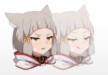 1girl commentary english_commentary facial_mark grey_hair guilegaze highres licking_lips multiple_views nia_(xenoblade) short_hair simple_background tongue tongue_out upper_body white_background xenoblade_chronicles_(series) xenoblade_chronicles_2 yellow_eyes
