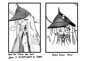 Rule 34 | 1girl, absurdres, blue archive, chibi, commentary, english text, greyscale, hair over one eye, highres, konattang, large hat, long hair, malkuth (blue archive), monochrome, multiple views, open mouth, photo-referenced, simple background, speech bubble, sweat, symbol-shaped pupils, upper body, white background, x-shaped pupils