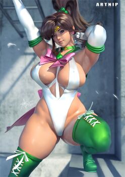 1girl 3d adapted_costume armpits artist_name artnip bishoujo_senshi_sailor_moon boots bow bowtie breasts brooch brown_hair choker curvy earrings elbow_gloves flower_earrings gloves gluteal_fold green_boots green_choker green_eyes green_sailor_collar hair_bobbles hair_ornament highleg highleg_leotard jewelry lace-up_boots large_breasts leotard lips long_hair magical_girl nose pink_bow pink_bowtie ponytail realistic sailor_collar sailor_jupiter shiny_skin smile solo thick_thighs thighs white_gloves